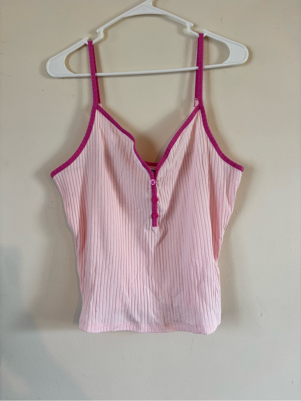PINK Victoria's Secret Light Pink Ribbed Cami with Fuchsia Trim